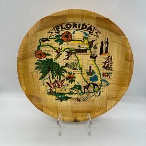 Vintage MCM 60s Florida Souvenir Woven Bamboo Bowl Pre Disney World 12”